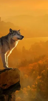 This mobile live wallpaper features a picturesque view of a lone wolf standing on a cliff, set in warm, golden-hued morning light