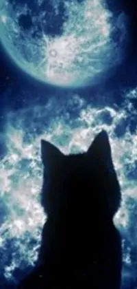 This remarkable phone live wallpaper features a striking black cat in front of a full moon, set against a stunning galaxy backdrop
