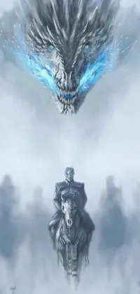 This phone live wallpaper depicts a man riding on a horse next to a dragon, giving off Game of Thrones-style fantasy feels