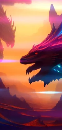 This phone live wallpaper depicts a digital close-up of a dragon in flight, with a robot head and vivid glowing colors