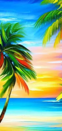 This stunning live wallpaper features a colorful painting of two palm trees on a tropical beach, perfect for adding a touch of paradise to your phone's display