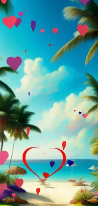 This phone live wallpaper depicts a serene tropical beach with swaying palm trees and red hearts