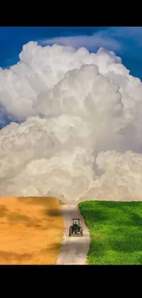 This live wallpaper features a surrealistic digital art scene with horses riding down a dirt road, wheat fields and rolling hills in the distance