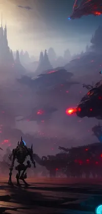 This lively live wallpaper for phones boasts of captivating fantasy art, featuring robots amidst a lava terrain, a wide shot of a spaceship battle and a misty dystopian world
