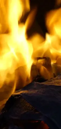 This phone live wallpaper features a captivating close-up of a blazing fire in a fireplace