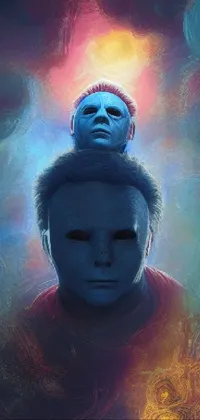 This live-phone wallpaper features eye-catching digital art of a man sitting atop another's head, sporting a Michael Myers mask amidst a sleek blue and orange lighting scheme