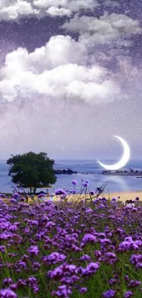 This phone live wallpaper depicts a digital rendering of purple flowers next to a body of water at night
