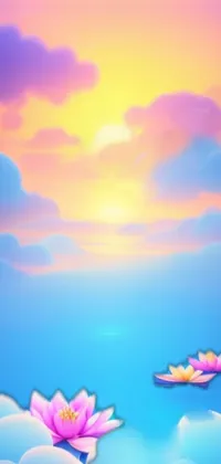 This phone live wallpaper boasts two pink flowers that delicately float on a body of water, while a serene digital painting captures the essence of a magical sunset with warm-colored, puffy clouds