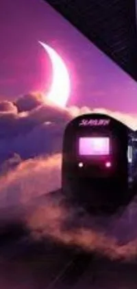 This phone live wallpaper showcases a train on tracks, black sun with purple eclipse, pink moon, vaporwave cartoon characters, and neon city skyline