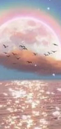 This live wallpaper showcases a group of birds flying over a calm body of water at sunset