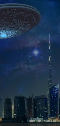 Immerse yourself in a sci-fi world with this live wallpaper featuring a spaceship flying over a vibrant city at night