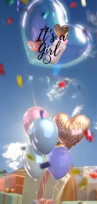 This lively and cheerful phone live wallpaper features a spectacular scene filled with colorful balloons that spell out "it's a girl