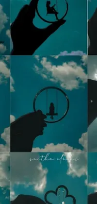 This phone live wallpaper is a captivating collage of images featuring a person on a swing, surrealist silhouettes, Instagram-like visuals, and kirigami paper art with stunning cityscape in the background