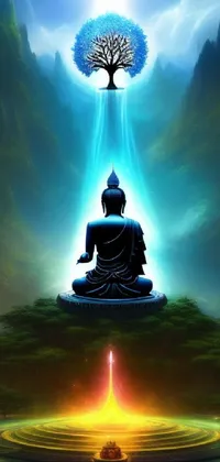 This live wallpaper features a serene Buddha statue sitting in front of a lush tree, with blue rays emanating from his hands and a holy flame spell adding a touch of mysticism