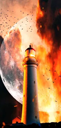 This live wallpaper depicts a mesmerizing lighthouse surrounded by turbulent waves under a full moon