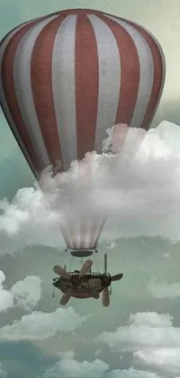 This phone live wallpaper features a red and white hot air balloon soaring in the sky against a desaturated backdrop of cloudy skies