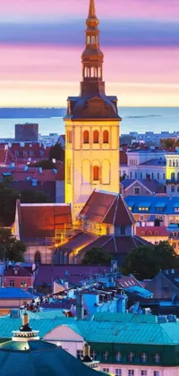 This stunning live wallpaper features a tall clock tower that dominates the skyline of a bustling city on a beautiful summer evening