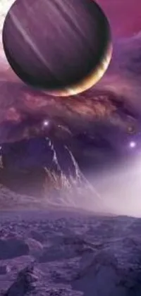 This phone live wallpaper features a stunning depiction of a glowing planet in a purplish space background filled with constellations and ascending universes
