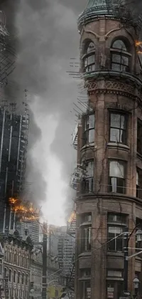 This phone live wallpaper showcases a tall building emitting smoke, giving off a post-apocalyptic vibe