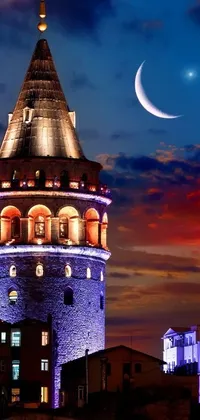 This live wallpaper depicts a majestic clock tower illuminated under a crescent moon in a night sky