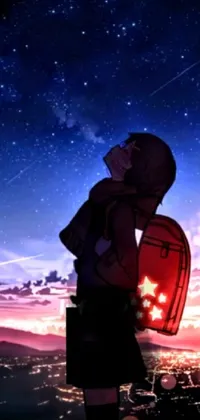 This stunning live phone wallpaper depicts a person wearing a backpack gazing up at a celestial and starry sky in the background
