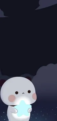 This phone live wallpaper features a minimalist design of a cute little white bear holding a glowing ball, in a vector art style by a deviantart artist