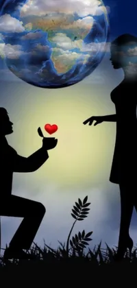 This live phone wallpaper showcases a touching image of a man proposing to his girlfriend while holding a red heart