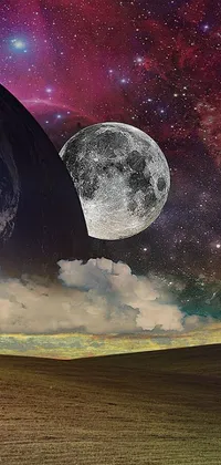 This live phone wallpaper features a view of the Earth and moon from a distance, with surrealistic elements, inspired by Tumblr aesthetic and space art