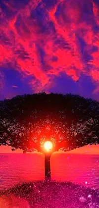 This striking phone wallpaper showcases a detailed digital rendering of a tree against a gorgeous sunset backdrop