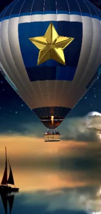 This dynamic phone live wallpaper features a stunning blue and white hot air balloon with a charming gold star accent