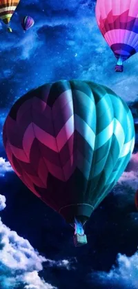 This dynamic live phone wallpaper features a group of hot air balloons floating in a nebula against a vivid background