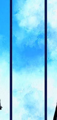 This phone live wallpaper showcases a captivating scene of two people in front of a window, featuring an infinite sky in blue and black hues