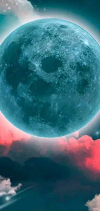 Adorn your phone screen with this enchanting digital art live wallpaper featuring a full moon in a teal sky, complemented by twinkling stars, and a red lunar eclipse effect