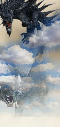 This phone live wallpaper showcases a black dragon as it flies through a blue, cloudy sky