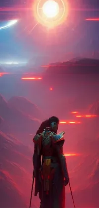 This live phone wallpaper features a mesmerizing cyberpunk-style scene of a snow-covered mountain where a skier standing dressed for action