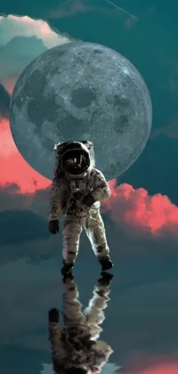 This phone live wallpaper showcases a mesmerizing piece of digital art featuring an astronaut in a silver space suit, floating in front of a stunning full moon