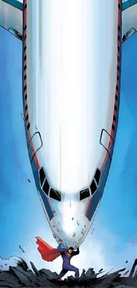 This stunning live wallpaper depicts a large jetliner flying through a clear blue sky in a comic book panel style