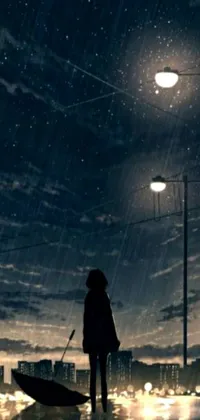 This phone live wallpaper is a post-apocalyptic digital art featuring a person holding an umbrella in the raining scene
