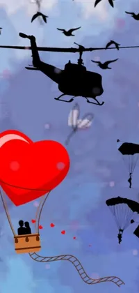 This phone live wallpaper boasts a stunning digital art piece featuring a heart-shaped balloon soaring high in the sky