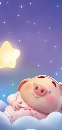 This live wallpaper boasts an adorable cartoon pig resting on a cozy cloud under a starry sky