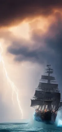 This mobile live wallpaper showcases a mystical scene of a tall ship sailing on a choppy body of water surrounded by ominous clouds, presented in stunning fantasy art from Shutterstock