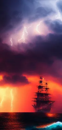 Enjoy the captivating image of a ship sailing through a thunderstorm at sea with this romanticism-style live wallpaper