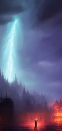 This phone wallpaper showcases a magnificent lightning storm with an epic castle in the background