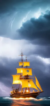 This phone live wallpaper showcases a captivating image of a large yellow ship sailing through the vast ocean
