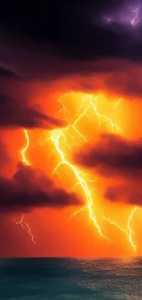 This dynamic phone live wallpaper depicts a stunning lightning bolt in the sky over a body of water, featuring vibrant orange and red lighting against dark thunderclouds