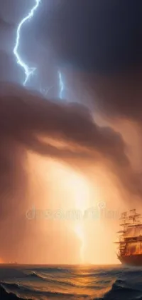 This mobile live wallpaper features an enchanting image of a ship floating in the ocean, with a distant lightning bolt looming in the background