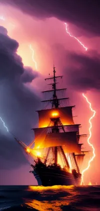 This phone live wallpaper features a stunning colorized photo of a pirate ship floating in the ocean amidst a flurry of fork lightning