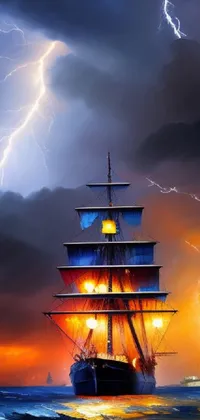 This stunning live phone wallpaper features a beautiful digital painting of a ship in the ocean during an evening storm