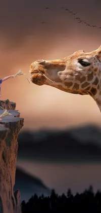 This phone live wallpaper features a surreal scene of a majestic giraffe standing on a rocky cliff with a little girl feeding it