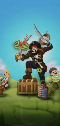 This lively phone live wallpaper features a colorful cartoon pirate proudly standing atop a heap of delectable food